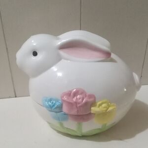 White Ceramic Bunny with Pastel Flowers,Easter candy dish